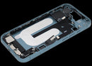 Carcasa trasera teal para iPhone 16 con puerto de carga flex y piezas pequeñas, repuesto OEM usado.