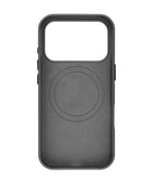 Funda de cuero negro SlowBack para iPhone 17 Pro, con cargador inalámbrico y IC preinstalado.