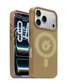 Funda de cuero marrón claro para iPhone 17 Pro con cargador inalámbrico y chip IC SlowBack.