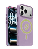 Funda de cuero morado claro con cargador inalámbrico SlowBack y chip IC para iPhone 17 Pro Max.