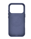 Funda de cuero azul marino nueva para iPhone 17 Pro con IC preinstalado, vista frontal y trasera.