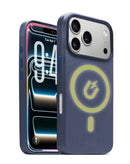 Funda de cuero azul marino SlowBack con cargador inalámbrico para iPhone 17 Pro Max.
