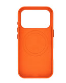 Funda de cuero naranja SlowBack para iPhone 17 Pro Max con cargador inalámbrico y IC chip integrado.