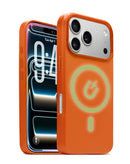 Funda de cuero naranja SlowBack para iPhone 17 Pro con cargador inalámbrico y chip IC.