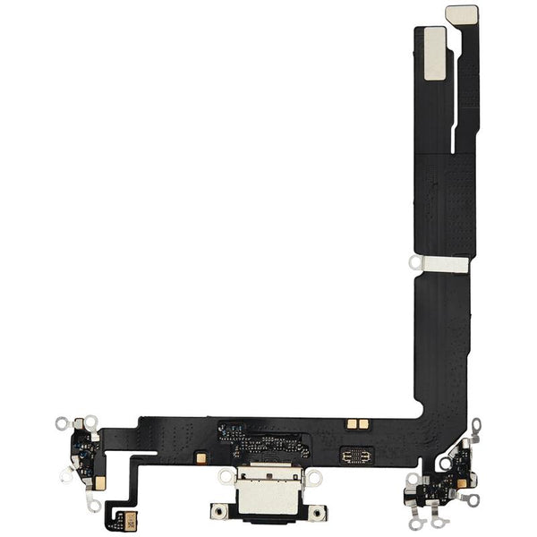 Flex cable de puerto de carga negro para iPhone 16 Plus disponible para reparaciones en Guatemala.
