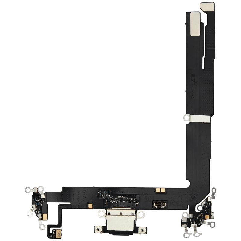 Flex cable de puerto de carga negro para iPhone 16 Plus disponible para reparaciones en Guatemala.