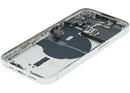 Tapa trasera plateada usada para iPhone 14 Pro (EU/Global) con pequeñas piezas internas.