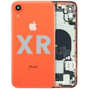 Tapa trasera de iPhone XR Coral Refurbished (A1984, A2105, A2106) con logo Apple, repuesto de carcasa.