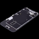 Reparación de tapa trasera con placa de acero, NFC inalámbrico y flex de linterna para iPhone 16 en Guatemala.