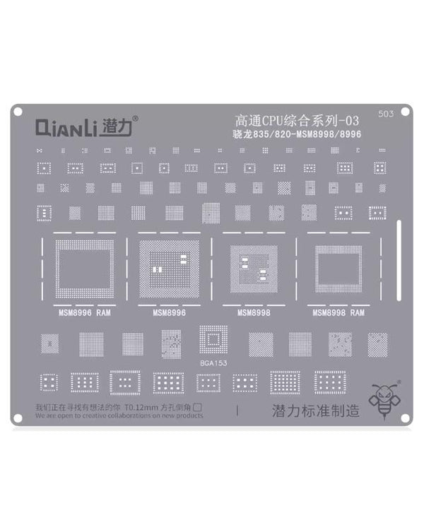 Stencil Bumblebee (QS503) para reparaciones de dispositivos Snapdragon en Guatemala.
