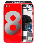 Tapa trasera roja para iPhone 8 (A1863, A1905, A1906) con componentes preinstalados, sin logo, repuesto aftermarket.