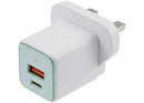 Cargador de pared rápido AmpSentrix 30W teal 2 en 1 con puertos USB-C y USB-A, enchufe UK, 220V.