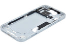 Chasis medio iPhone 15 azul (A2846) usado con piezas pequeñas, ideal para reparación de estructura.