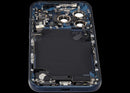 Tapa trasera usada iPhone 17 Pro US Deep Blue con puerto de carga y piezas pequeñas para reparación.
