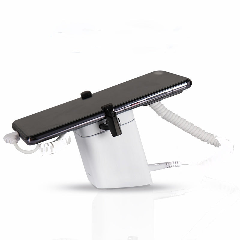 Soporte de exhibición de seguridad antirrobo para teléfonos móviles con agarre metálico y puerto Lightning, sin control remoto, color blanco