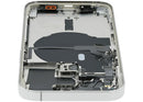 Tapa trasera plateada usada para iPhone 14 Pro (EU/Global) con pequeñas piezas internas.