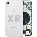 Tapa trasera blanca usada para iPhone XR, modelos A1984, A2105, con puerto de carga y piezas preinstaladas.