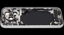Tapa trasera plateada usada para iPhone 17 Pro (A29XX) con puerto de carga y piezas pequeñas, ideal para reparación.