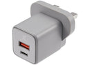 Adaptador de pared AmpSentrix 30W USB-C y USB-A titanio, enchufe UK, carga rápida 220V.