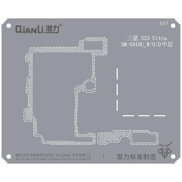 Stencil Bumblebee (QS657) para Samsung S23 Ultra SM-S918U_W/O/D Marco medio (Qianli) disponible en Guatemala para reparaciones en talleres mayoristas.