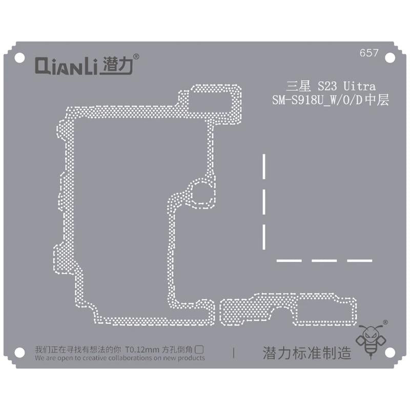 Stencil Bumblebee (QS657) para Samsung S23 Ultra SM-S918U_W/O/D Marco medio (Qianli) disponible en Guatemala para reparaciones en talleres mayoristas.