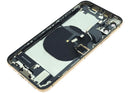 Tapa trasera dorada usada para iPhone XS (A1920, A2097, A2100) con puerto de carga y flex preinstalado.