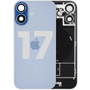Tapa trasera iPhone 17 Mist Blue usada con MagSafe, NFC y flex de linterna, ideal para reparación.