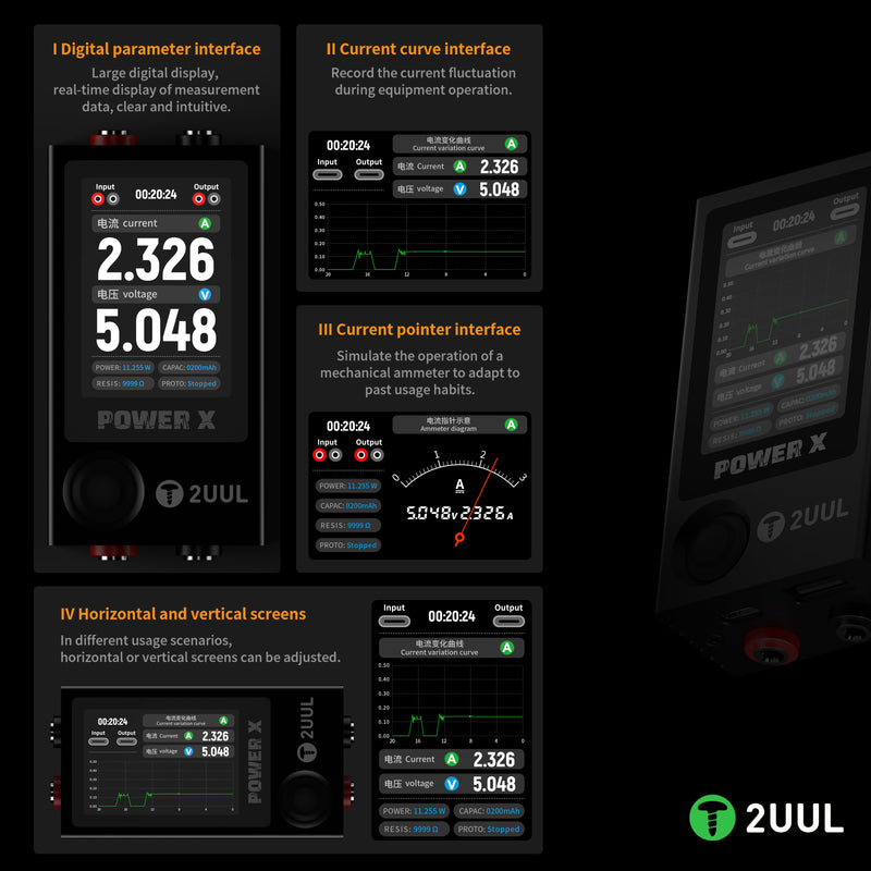 Pantalla Power X de alto refresco 2UUL PW11 con medidor de amperios y voltaje en Guatemala.