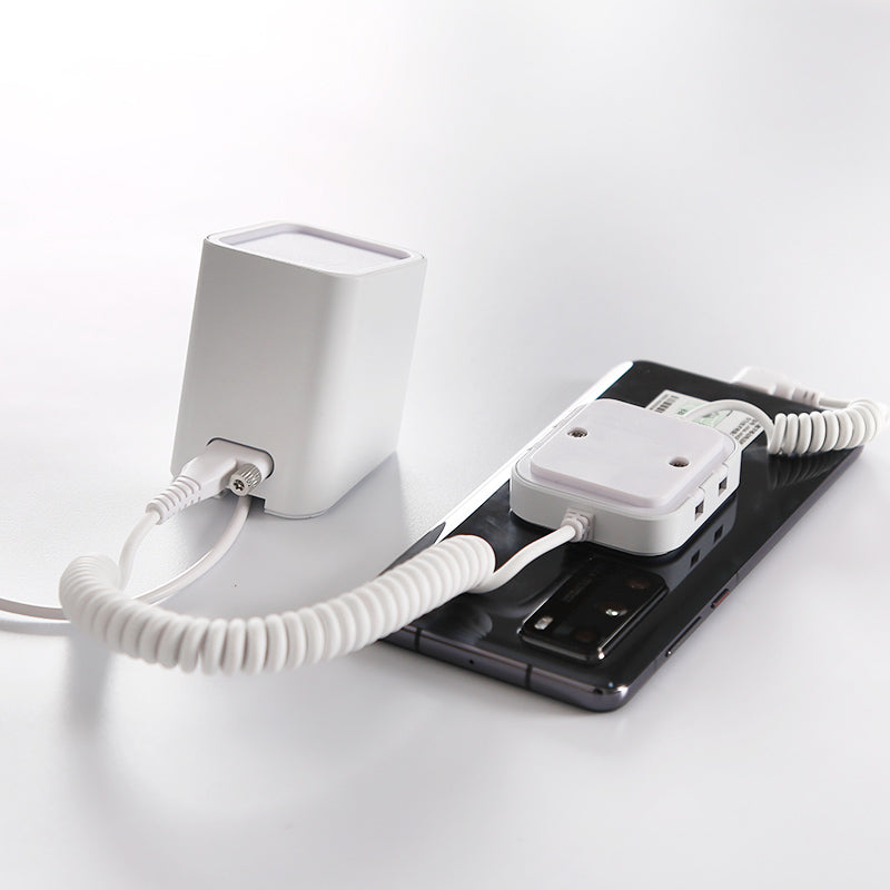 Soporte de exhibición de seguridad antirrobo para teléfonos móviles con agarre metálico y puerto Lightning, sin control remoto, color blanco