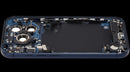 Tapa trasera usada iPhone 17 Pro US Deep Blue con puerto de carga y piezas pequeñas para reparación.