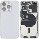 Tapa trasera plateada usada para iPhone 14 Pro (EU/Global) con pequeñas piezas internas.
