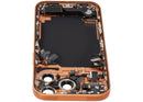Tapa trasera usada iPhone 17 Pro Cosmic Orange A32XX con puerto de carga y pequeñas partes.