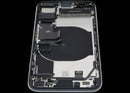 Tapa trasera negra refurbished iPhone SE 2022 (A2595) con puerto de carga y componentes preinstalados.