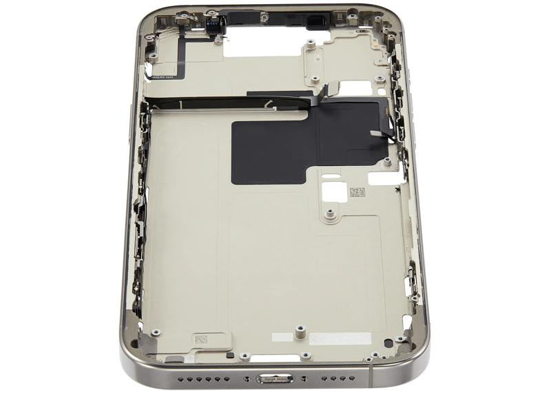 Encuentra la carcasa intermedia con botones de encendido y volumen para iPhone 16 Pro Max en Guatemala, disponible en grado A y color titanio natural.