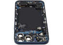 Tapa trasera azul profundo para iPhone 17 Pro Max, versión US, con puerto de carga y pequeñas piezas de repuesto.