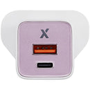 Cargador de pared rosa AmpSentrix 30W, doble puerto USB-C y USB-A, enchufe UK, para carga rápida de 220V.