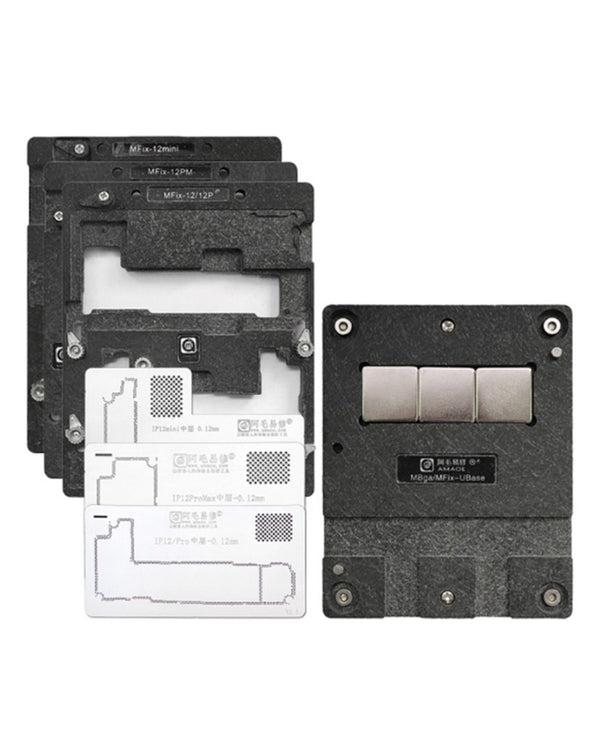 Reparación de placa lógica para iPhone 12 en Guatemala, mayorista de stencil BGA y etiquetas AMAOE.