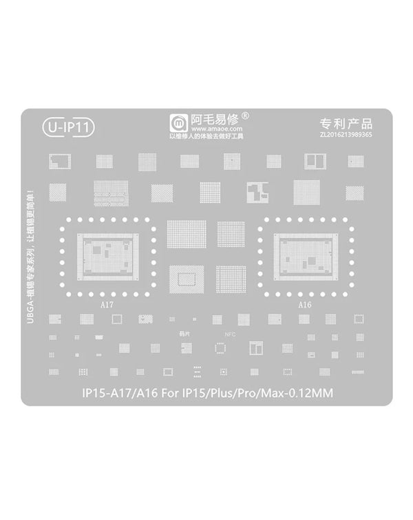Stencil de reballing BGA para iPhone 15 Series con etiquetas AMAOE y 0.12mm en Guatemala para reparaciones de celulares a nivel mayorista.