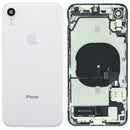 Tapa trasera blanca usada para iPhone XR, modelos A1984, A2105, con puerto de carga y piezas preinstaladas.