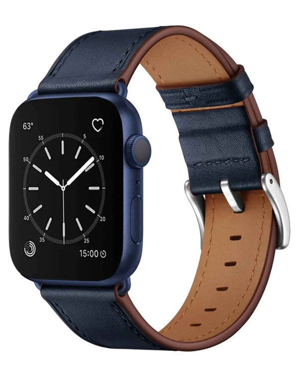 Encuentra la banda original de cuero brillante para iWatch en Guatemala, disponible en azul marino en nuestro taller de reparaciones SlowBack.