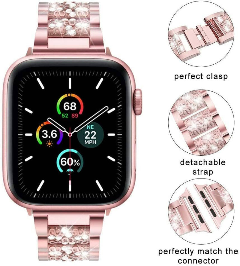 Compra en Guatemala la correa metálica de diamantes rhinestone de acero inoxidable para iWatch en color rosa de 42/44/45/49mm.