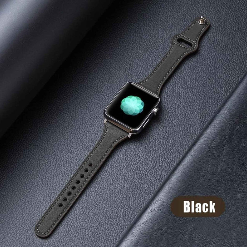 Encuentra la correa de cuero original para iWatch en Guatemala, disponible en varios tamaños y color negro.