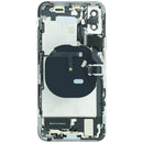 Tapa trasera plateada usada para iPhone XS (A1920, A2097) con puerto de carga y componentes preinstalados.