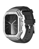 Encuentra la banda deportiva rugged con cubierta metálica para iWatch (44mm / 45mm) en Guatemala, ideal para deportistas y disponible en colores negro y plateado.