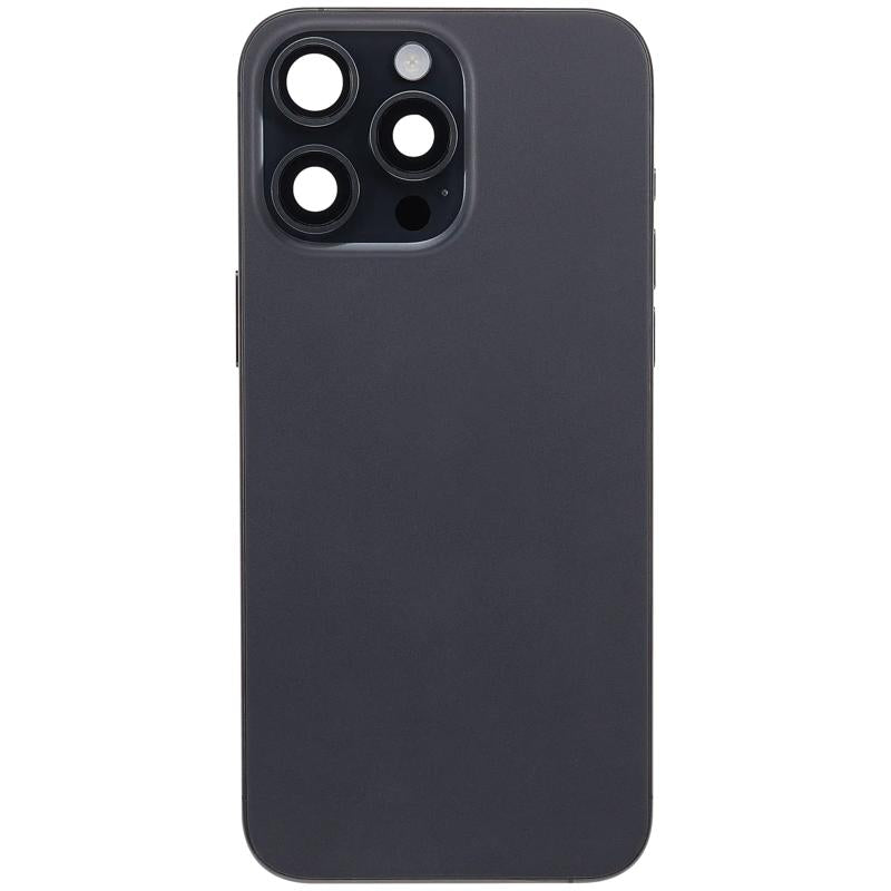 Compra una tapa trasera con pequeño preinstalado para tu iPhone 15 Pro Max en Guatemala, disponible en negro titanio, ideal para reparaciones y repuestos de calidad.