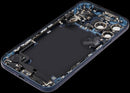 Tapa trasera Deep Blue usada para iPhone 17 Pro Max (A3295) con puerto de carga, ideal para reparación.