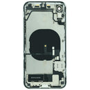 Tapa trasera roja original usada para iPhone 13 (A2482) con puerto de carga y pequeñas piezas de repuesto.