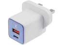 Cargador de pared AmpSentrix 30W ultramarino dual USB-C/USB-A con enchufe UK, ideal para reparaciones.