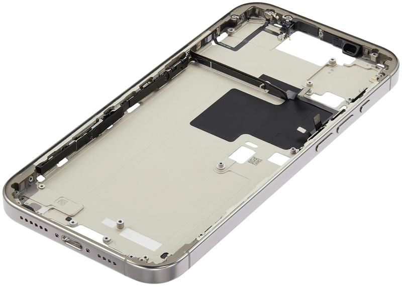 Encuentra la carcasa intermedia con botones de encendido y volumen para iPhone 16 Pro Max en Guatemala, disponible en grado A y color titanio natural.