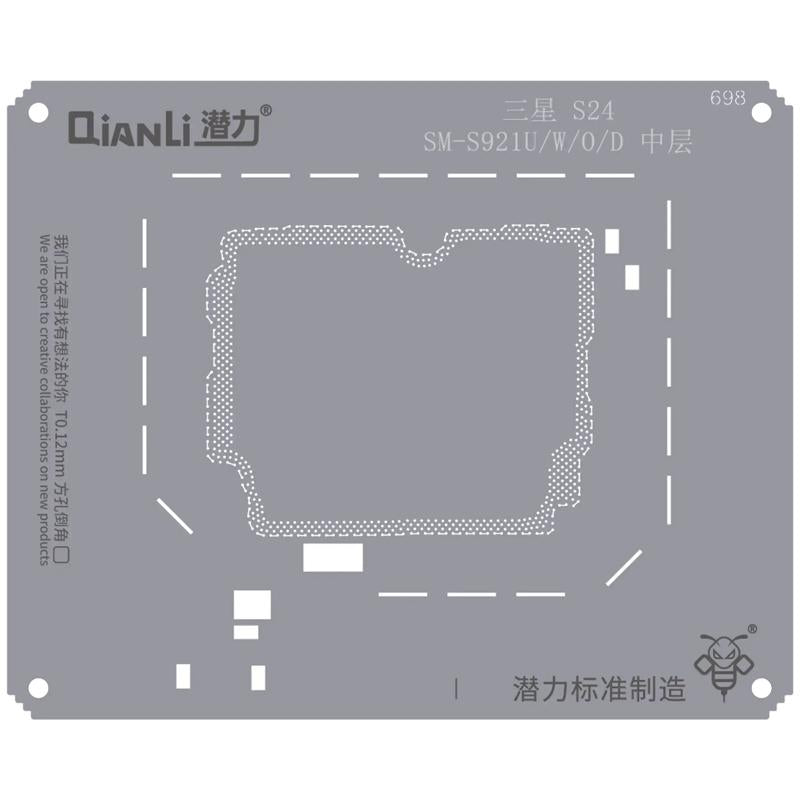 Plantilla Bumblebee (QS698) para Samsung S24 SM-S921U/W/0/D (Capa intermedia Qianli) ideal para reparaciones en Guatemala con palabras clave como mayorista, componentes Samsung y stencil Qianli.